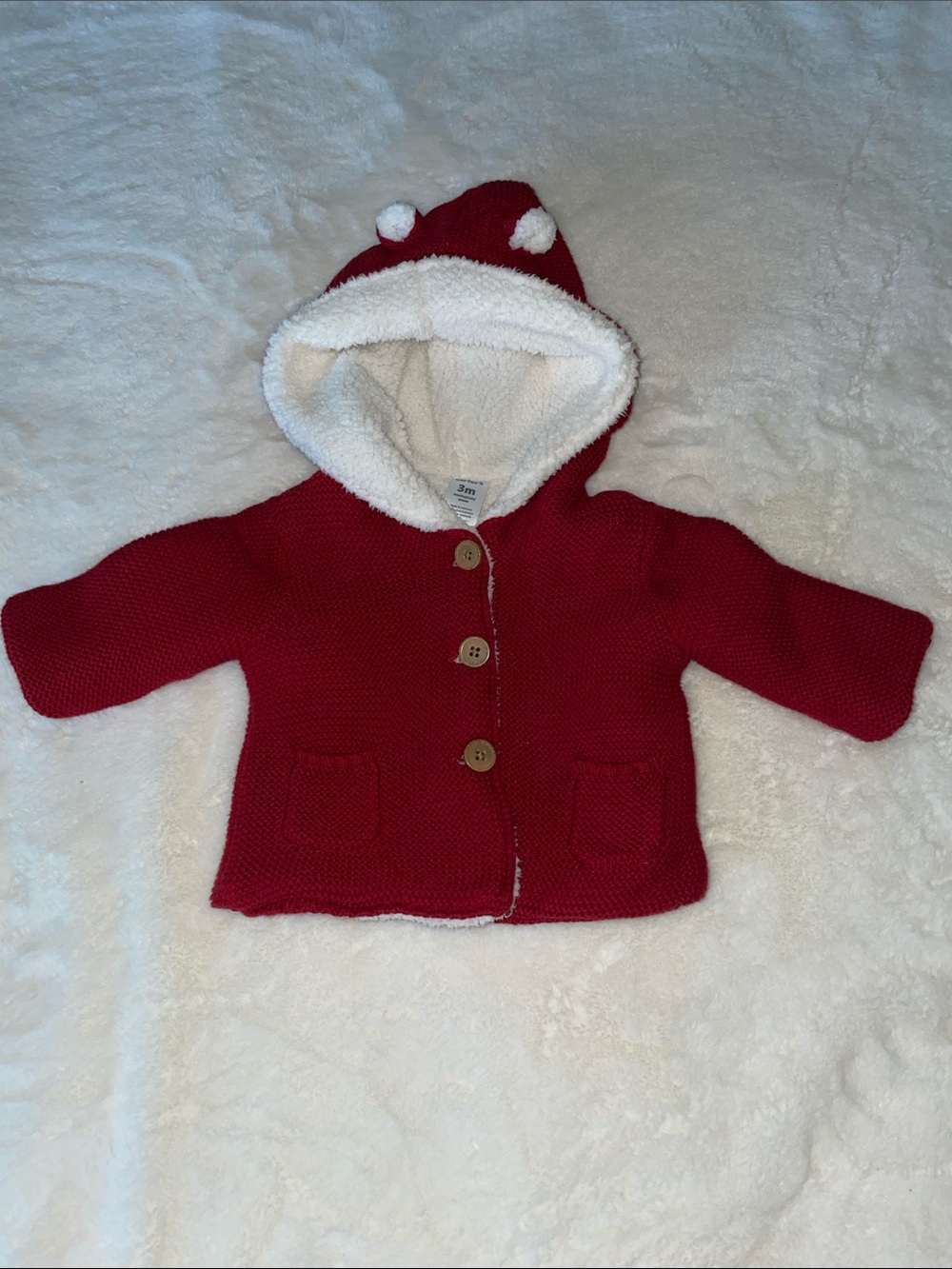 Carter’s size 3 mos fleece-lined red knit cardigan w/hood